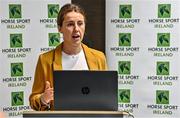 17 August 2022; Horse Sport Ireland head of breeding, innovation and development, Sonja Egan, speaking during the launch of ‘The Business of Breeding’ Report at the Clayton Hotel on Burlington Road in Dublin. Photo by Sam Barnes/Sportsfile