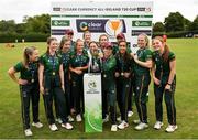 21 August 2022; Merrion Cricket Club captain Celeste Raack lifting the cup after the Clear Currency Women’s All-Ireland T20 Cup Final 2022 match between Merrion Cricket Club and C.S.N.I Cricket Club at The Mardyke in Cork. Photo by Eóin Noonan/Sportsfile