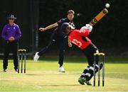 21 August 2022; Mark Adair of C.I.Y.M.S Cricket Club delivers to Seanan Jones of Cork Harlequins Cricket Club during the Clear Currency Men’s All-Ireland T20 Cup Final 2022 match between Cork Harlequins Cricket Club and C.I.Y.M.S. Cricket Club at The Mardyke in Cork. Photo by Eóin Noonan/Sportsfile