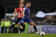 26 August 2022; Liam Burt of Bohemians scores his side's first goal during the Extra.ie FAI Cup second round match between Lucan United and Bohemians at Dalymount Park in Dublin. Photo by Seb Daly/Sportsfile