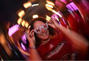 27 August 2022; Nebraska Cornhuskers supporter Amanda Burau from Chicago, Illinois, inside Buskers Bar during the pre-match tailgate at Temple Bar in Dublin ahead of the The Aer Lingus College Football Classic 2022 match between Northwestern Wildcats and Nebraska Cornhuskers. Photo by Sam Barnes/Sportsfile