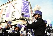 27 August 2022; The Northwestern Wildcats band perform outside Fitzsimons bar during the pre-match tailgate at Temple Bar in Dublin ahead of the The Aer Lingus College Football Classic 2022 match between Northwestern Wildcats and Nebraska Cornhuskers. Photo by Sam Barnes/Sportsfile