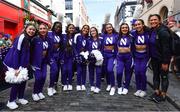 27 August 2022; The Northwestern Wildcats band and cheerleaders perform outside Fitzsimons bar during the pre-match tailgate at Temple Bar in Dublin ahead of the The Aer Lingus College Football Classic 2022 match between Northwestern Wildcats and Nebraska Cornhuskers. Photo by Sam Barnes/Sportsfile