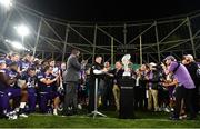 27 August 2022; Northwestern Wildcats head coach Pat Fitzgerald is presented with the troophy after the the Aer Lingus College Football Classic 2022 match between Northwestern Wildcats and Nebraska Cornhuskers at Aviva Stadium in Dublin. Photo by Ben McShane/Sportsfile