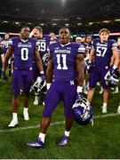 27 August 2022; Northwestern Wildcats running back Andrew Clair celebrates after his side's victory in the Aer Lingus College Football Classic 2022 match between Northwestern Wildcats and Nebraska Cornhuskers at Aviva Stadium in Dublin. Photo by Ben McShane/Sportsfile