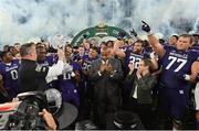 27 August 2022; Northwestern Wildcats head coach Pat Fitzgerald celebrates with the trophy and his players after their side's victory in the Aer Lingus College Football Classic 2022 match between Northwestern Wildcats and Nebraska Cornhuskers at Aviva Stadium in Dublin. Photo by Brendan Moran/Sportsfile