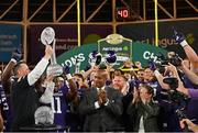 27 August 2022; Northwestern Wildcats head coach Pat Fitzgerald lifts the trophy after his side's victory in the Aer Lingus College Football Classic 2022 match between Northwestern Wildcats and Nebraska Cornhuskers at Aviva Stadium in Dublin. Photo by Brendan Moran/Sportsfile