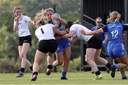 27 August 2022; Robyn O'Connor of Leinster is tackled by Sarah Roberts and Maebh Clenaghan of Ulster during the U18 Girls Interprovincial match between Ulster and Leinster at Newforge Country Club in Belfast. Photo by John Dickson/Sportsfile