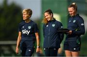 29 August 2022; Manager Vera Pauw with StatSports technician Niamh McDaid, right, and physiotherapist Kim van Wijk, centre, during a Republic of Ireland Women training session at the FAI National Training Centre in Abbotstown, Dublin. Photo by Stephen McCarthy/Sportsfile