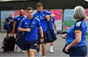 2 September 2022; Luke McGrath and Ross Byrne of Leinster arrives before the pre-season friendly match between Harlequins and Leinster at Twickenham Stoop in London, England. Photo by Brendan Moran/Sportsfile