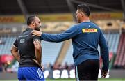 2 September 2022; Charlie Ngatai of Leinster, left, and Harlequins head coach Tabai Matson before the pre-season friendly match between Harlequins and Leinster at Twickenham Stoop in London, England. Photo by Brendan Moran/Sportsfile