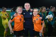 6 September 2022; Republic of Ireland players Amber Barrett, left, and Ciara Grant, right, with Republic of Ireland StatSports technician Niamh McDaid after the FIFA Women's World Cup 2023 Qualifier match between Slovakia and Republic of Ireland at National Training Centre in Senec, Slovakia. Photo by Stephen McCarthy/Sportsfile