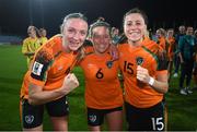 6 September 2022; Republic of Ireland players, from left, Louise Quinn, Harriet Scott and Lucy Quinn the FIFA Women's World Cup 2023 Qualifier match between Slovakia and Republic of Ireland at National Training Centre in Senec, Slovakia. Photo by Stephen McCarthy/Sportsfile