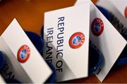 9 September 2022; The card of Republic of Ireland before the FIFA Women's World Cup 2023 Play-offs draw at the UEFA headquarters, The House of European Football in Nyon, Switzerland. Photo by Kristian Skeie - UEFA/UEFA via Sportsfile