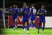 9 September 2022; Roland Idowu of Waterford gestures to the the Cork City supporters after team-mate Raúl Uche scored an equalising goal during the SSE Airtricity League First Division match between Waterford and Cork City at RSC in Waterford. Photo by Michael P Ryan/Sportsfile