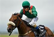 11 September 2022; Jockey Chris Hayes celebrates after winning the Moyglare Stud Stakes on Tahiyra during day two of the Longines Irish Champions Weekend at The Curragh Racecourse in Kildare. Photo by Seb Daly/Sportsfile