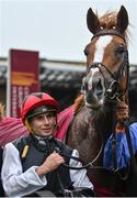 11 September 2022; Jockey Ryan Moore and Kyprios after winning the Comer Group International Irish St Leger on day two of the Longines Irish Champions Weekend at The Curragh Racecourse in Kildare. Photo by Seb Daly/Sportsfile