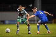 11 September 2022; Graham Burke of Shamrock Rovers in action against Rob Slevin of Finn Harps during the SSE Airtricity League Premier Division match between Shamrock Rovers and Finn Harps at Tallaght Stadium in Dublin. Photo by Ramsey Cardy/Sportsfile
