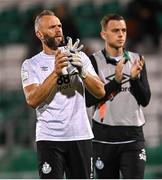 11 September 2022; Shamrock Rovers goalkeeer Alan Mannus, left, and Leon Pohls after the SSE Airtricity League Premier Division match between Shamrock Rovers and Finn Harps at Tallaght Stadium in Dublin. Photo by Ramsey Cardy/Sportsfile