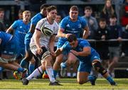 16 September 2022; Lorcan McLaughlin of Ulster in action against Tadgh McElroy of Leinster during the A Interprovinical match between Leinster A and Ulster A at Templeville Road in Dublin. Photo by Brendan Moran/Sportsfile