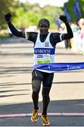 17 September 2022; Peter Somba crosses the line to win the Irish Life Dublin Half Marathon on Saturday 17th of September in the Phoenix Park, Dublin. Photo by Sam Barnes/Sportsfile