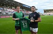 17 September 2022; Connacht captain Gavin Thornbury presents a jersey to Ulster captain Alan O'Connor to honour the 10th anniversary of the late Ulster player Nevin Spence before the United Rugby Championship match between Ulster and Connacht at Kingspan Stadium in Belfast. Photo by David Fitzgerald/Sportsfile
