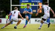 16 September 2022; Craig Adams of Leinster in action against Charlie Irvine and Lorcan McLaughlin of Ulster during the A Interprovinical match between Leinster A and Ulster A at Templeville Road in Dublin. Photo by Brendan Moran/Sportsfile