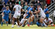 16 September 2022; Liam Molony of Leinster is tackled by Joe Mawhinney and James McCormick of Ulster during the A Interprovinical match between Leinster A and Ulster A at Templeville Road in Dublin. Photo by Brendan Moran/Sportsfile