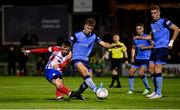 16 September 2022; Willie Armshaw of Treaty United in action against Thomas Lonergan of UCD during the Extra.ie FAI Cup Quarter-Final match between Treaty United and UCD at Markets Field in Limerick. Photo by Seb Daly/Sportsfile