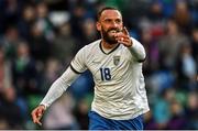 24 September 2022; Vedat Muriqi of Kosovo celebrates after scoring his side's first goal during the UEFA Nations League C Group 2 match between Northern Ireland and Kosovo at National Stadium at Windsor Park in Belfast. Photo by Ramsey Cardy/Sportsfile