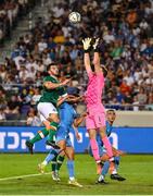 27 September 2022; Israel goalkeeper Daniel Peretz in action against Eiran Cashin of Republic of Ireland during the UEFA European U21 Championship play-off second leg match between Israel and Republic of Ireland at Bloomfield Stadium in Tel Aviv, Israel. Photo by Seb Daly/Sportsfile