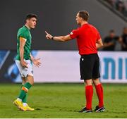 27 September 2022; Dawson Devoy of Republic of Ireland remonstrates with referee Nathan Verboomen during the UEFA European U21 Championship play-off second leg match between Israel and Republic of Ireland at Bloomfield Stadium in Tel Aviv, Israel. Photo by Seb Daly/Sportsfile