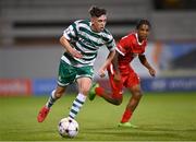 4 October 2022; Cory O'Sullivan of Shamrock Rovers in action against Jayen Gerold of AZ Alkmaar during the UEFA Youth League First Round 2nd Leg match between Shamrock Rovers and AZ Alkmaar at Tallaght Stadium in Dublin. Photo by Ben McShane/Sportsfile