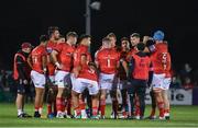 7 October 2022; The Munster team during a water break in the United Rugby Championship match between Connacht and Munster at The Sportsground in Galway. Photo by Brendan Moran/Sportsfile