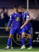 7 October 2022; Raúl Uche of Waterford, left, celebrates after scoring his side's second goal with team-mate Darragh Power during the SSE Airtricity League First Division match between Waterford and Treaty United at RSC in Waterford. Photo by Michael P Ryan/Sportsfile