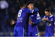 7 October 2022; Phoenix Patterson, right, of Waterford celebrates after scoring his side's third goal with team-mate Yassine En Neyah during the SSE Airtricity League First Division match between Waterford and Treaty United at RSC in Waterford. Photo by Michael P Ryan/Sportsfile