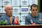 13 August 2013; Republic of Ireland manager Giovanni Trapattoni and captain John O'Shea during a press conference ahead of their international friendly against Wales on Wednesday. Republic of Ireland Press Conference, Cardiff City Stadium, Cardiff, Wales. Picture credit: David Maher / SPORTSFILE