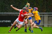 9 October 2022; Mark Schutte of Cuala in action against Feargal Breathnach, right, and Conor McHugh of Na Fianna during the Go Ahead Dublin County Senior Club Hurling Championship Semi-Final match between Cuala and Na Fianna at Parnell Park in Dublin. Photo by Ben McShane/Sportsfile