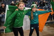 11 October 2022; Republic of Ireland supporters Cara Murphy, age 10, left, and Sophie Murphy, age 11, both from Leixlip, Dublin, before the FIFA Women's World Cup 2023 Play-off match between Scotland and Republic of Ireland at Hampden Park in Glasgow, Scotland.  Photo by Stephen McCarthy/Sportsfile