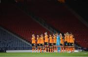 11 October 2022; Republic of Ireland players stand for a minutes silence to remember the lives lost and those injured in the Creeslough tragedy in Donegal beforethe FIFA Women's World Cup 2023 Play-off match between Scotland and Republic of Ireland at Hampden Park in Glasgow, Scotland. Photo by Stephen McCarthy/Sportsfile