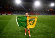 11 October 2022; Amber Barrett of Republic of Ireland celebrates with a Donegal flag after the FIFA Women's World Cup 2023 Play-off match between Scotland and Republic of Ireland at Hampden Park in Glasgow, Scotland. Photo by Stephen McCarthy/Sportsfile