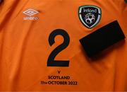 11 October 2022; A black armband, as a mark of respect  to the lives lost and those injured in the Cresslough tragedy, in Donegal, on a Republic of Ireland jersey before the FIFA Women's World Cup 2023 Play-off match between Scotland and Republic of Ireland at Hampden Park in Glasgow, Scotland. Photo by Stephen McCarthy/Sportsfile