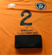 11 October 2022; A black armband, as a mark of respect  to the lives lost and those injured in the Cresslough tragedy, in Donegal, on a Republic of Ireland jersey before the FIFA Women's World Cup 2023 Play-off match between Scotland and Republic of Ireland at Hampden Park in Glasgow, Scotland. Photo by Stephen McCarthy/Sportsfile