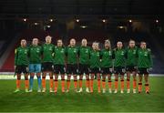 11 October 2022; The Republic of Ireland team, from left, Katie McCabe, Courtney Brosnan, Louise Quinn, Niamh Fahey, Megan Campbell, Diane Caldwell, Denise O'Sullivan, Lily Agg, Áine O'Gorman, Heather Payne and Jamie Finn stand for the playing of the National Anthem before the FIFA Women's World Cup 2023 Play-off match between Scotland and Republic of Ireland at Hampden Park in Glasgow, Scotland. Photo by Stephen McCarthy/Sportsfile