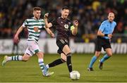 13 October 2022; Martin Linnes of Molde in action against Dylan Watts of Shamrock Rovers during the UEFA Europa Conference League group F match between Shamrock Rovers and Molde at Tallaght Stadium in Dublin. Photo by Seb Daly/Sportsfile