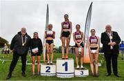 16 October 2022; Athletics Ireland President John Cronin, left, and Mayor of Fingal Councillor Howard Mahony with senior women's 6000m top five finishers, Abbie Donnelly of England, first, Grace Carson of Northern Ireland, second, Alex Millard, third, Fionnula Ross of Armagh AC, fourth and Sophie Tarver, fifth, during the Autumn Open International Cross Country Festival at the Sport Ireland Campus in Dublin. Photo by Sam Barnes/Sportsfile