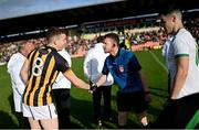 23 October 2022; Referee Shane Murphy shakes hands with Crossmaglen Rangers captain Stephen Morris before the Armagh County Senior Club Football Championship Final match between Crossmaglen Rangers and Granemore at Athletic Grounds in Armagh. Photo by Ramsey Cardy/Sportsfile
