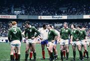 20 March 1982; Ireland forwards, from left, Gerry 'Ginger' McLoughlin, Donal Lenihan, Phil Orr, Moss Keane, Ronan Kearney and John O'Driscoll prepare for a lineout during the Five Nations Rugby Championship match between France and Ireland at Parc de Princes in Paris, France. Photo by Ray McManus/Sportsfile