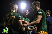 28 October 2022; UCD players, from left, Thomas Lonergan, Michael Gallagher and Jack Keaney celebrate after the SSE Airtricity League Premier Division match between Finn Harps and UCD at Finn Park in Ballybofey, Donegal. Photo by Ben McShane/Sportsfile