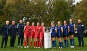 1 November 2022; Shelbourne management, Joey Malone, Noel King and Ciaran King, left, with players, from left, Jessie Stapleton, Abbie Larkin, Rachel Graham and Pearl Slattery with Athlone Town manager Tommy Hewitt, right, and players, from left, Laurie Ryan, Muireann Devaney, Maddison Gibson and Jessica Hennessy in attendance during the EVOKE.ie FAI Women's Cup Semi-Finals media event at the FAI Headquarters in Dublin. Photo by David Fitzgerald/Sportsfile